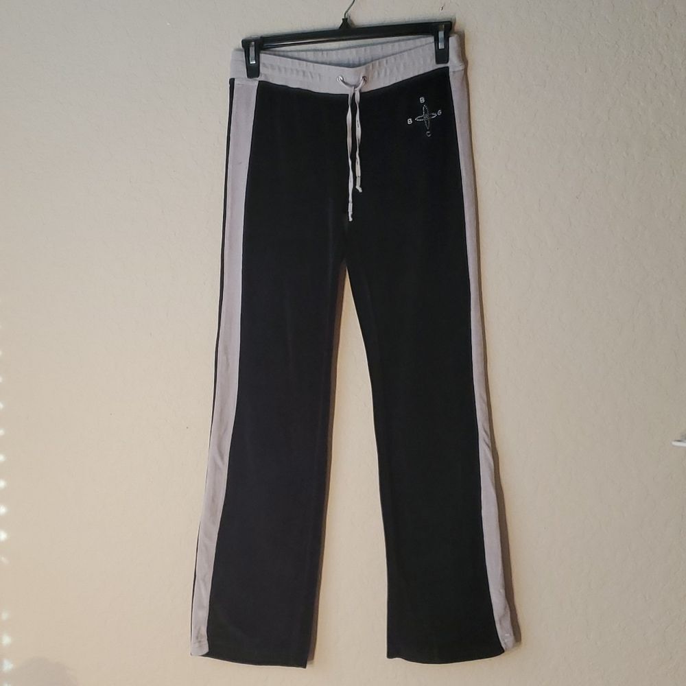vtg BCBG Max Azria Y2K Track Pants Women’s XL Black Silver Stripe Bling Logo